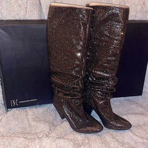 Woman’s International Concept Pewter metallic slouch knee high Rhinestone boots.
